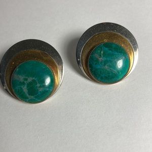 Vintage Clip Earrings, Silver with Bronze accent, Green stone, aged patina.